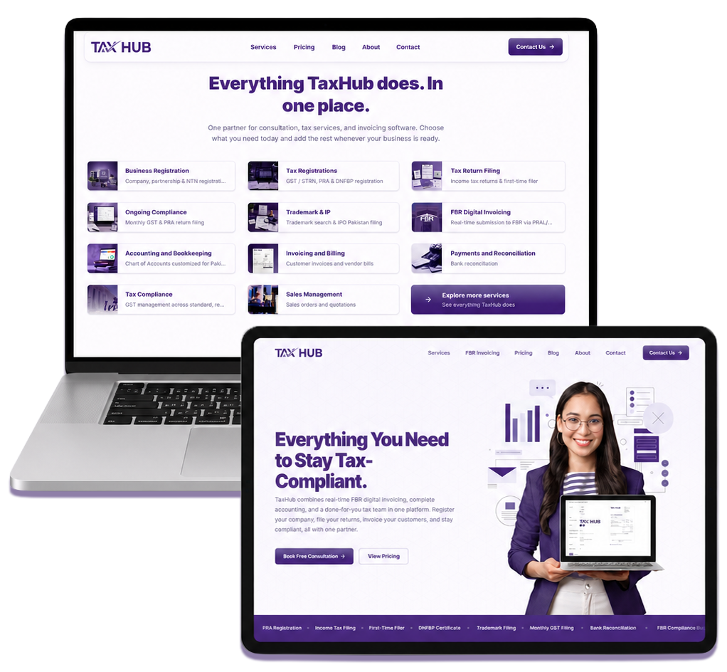 The TaxHub platform shown on a laptop and tablet